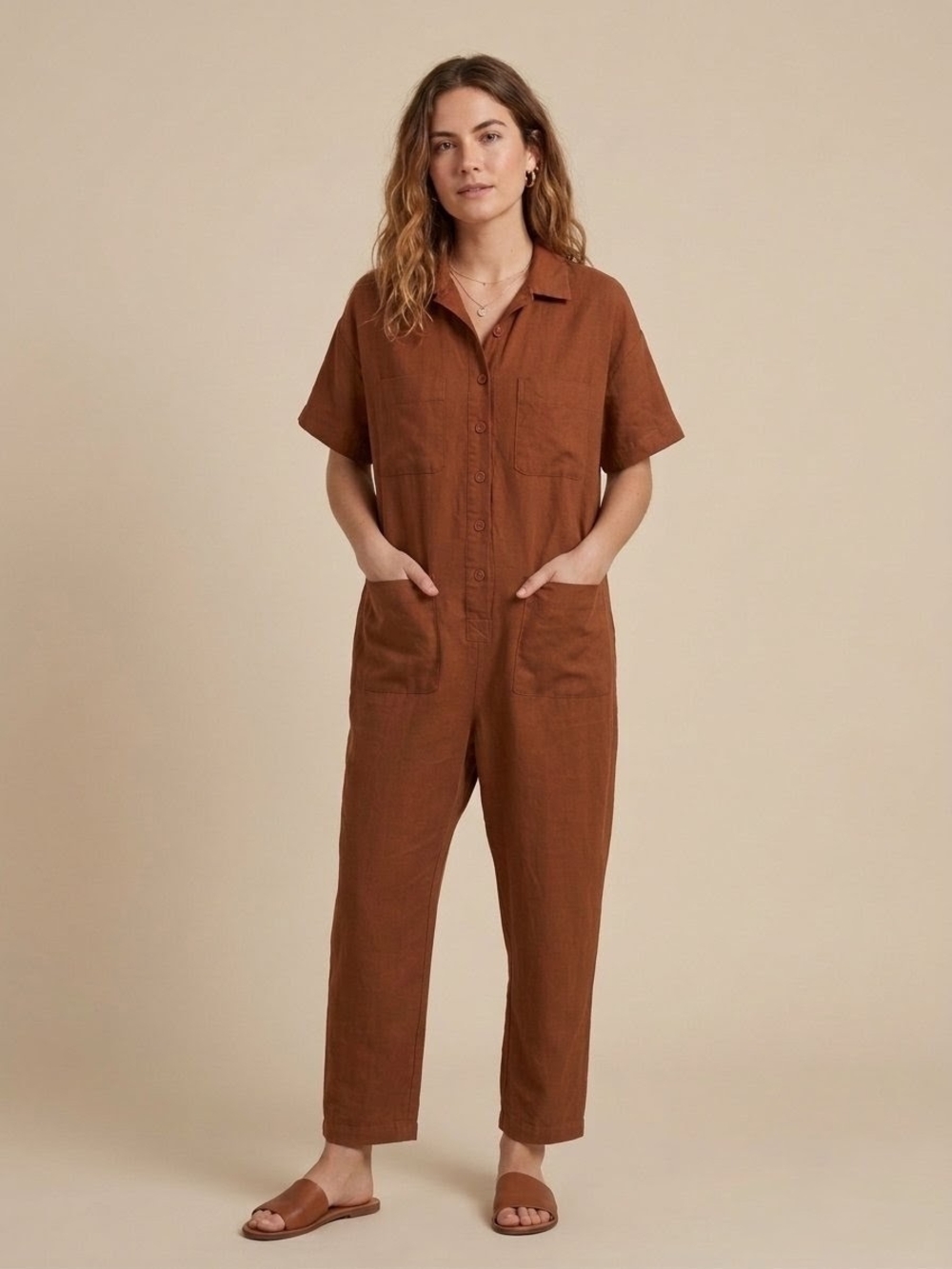 TRADLANDS Finn Linen Tencel Jumpsuit Clay Rust Brown Coveralls Sz XXS